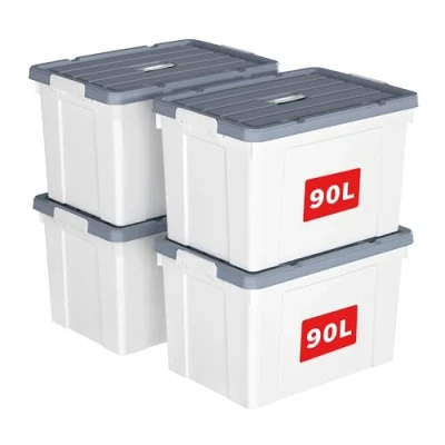 Imagen de Cetomo 90L*4 Caja de Almacenamiento con Asa, Plástico Tapa y Cierre Seguro, Contenedor Grande, Duradera, Apilable, Resistentes, Blanco, Paquete 4 90L