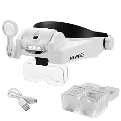 Imagen de NEW FLASH Lupa de Diadema con Luz LED, USB Recargable Manos Libres Montura Cabeza 6 Lentes Desmontables para Trabajos Cerca Lectura Joyería Manualidades Reparación Electrónica