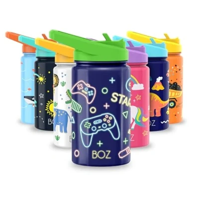 Imagen de BOZ Botella Agua Niños con Pajita Acero Inoxidable 414 ml, Térmica Aislamiento Doble Pared Sin BPA, Isotérmica Antiderrame Asa Apta para el Lavavajillas (Juego)