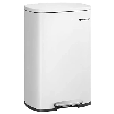 Imagen de SONGMICS Cubo de Basura 50 L, Basurero para Cocina, Cierre Suave, Pedal Paso, Acero, Cubeta Interior, Blanco LTB101W01