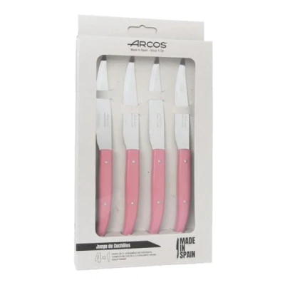 Imagen de Arcos Serie Cuchillos de Mesa Juego Chuleteros 4 piezas Hoja Acero Inoxidable NITRUM 110 mm Filo Liso Mango Polipropileno Color Rosa