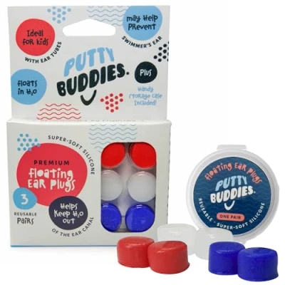 Imagen de Putty Buddies Tapones flotantes de oídos para nadar y bañarse (inventados por Un médico bloque agua) (3 pares) tamaño Azul, blanco Rojo