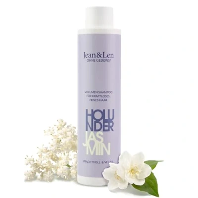 Imagen de Jean &amp; Len Champú Volumen Saúco Jazmín, para cabellos débiles y finos, da volumen, fragancia afrutada floral, sin parabenos ni siliconas, vegano, 300 ml