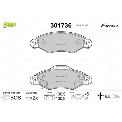 Imagen de VALEO 301736 Juego de pastillas freno FIRST Eje delantero con contacto avisador desgaste Chapa antichirridos TOYOTA: Yaris I Hatchback