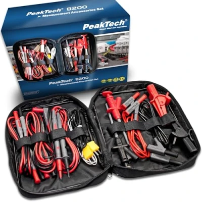 Imagen de PeakTech 8200 Juego de Accesorios Medición para Multímetro Digital, Cables Prueba, Pinzas Cocodrilo, con Batería 14 Piezas, Bolsa Incluida