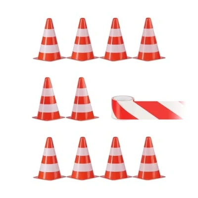 Imagen de Relaxdays Pack 10 Conos de Señalización, con Cinta Seguridad 50 m y Bolsa, Pilones Entrenamiento, 22,5 cm, Naranja