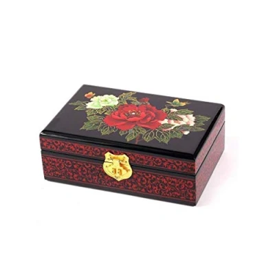 Imagen de lachineuse Caja de joyas con 3 peonías almacenamiento madera lacada y secretos florales Decoración china regalo para mujer asiática Idea