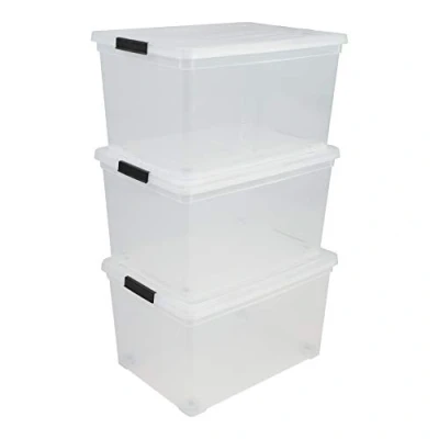 Imagen de Iris Ohyama, Caja de almacenamiento plástico, oficina 50 l, Lote 3, NCS 320, Transparente, Apilable, Clips cierre A54 x F39,5 A30,5 cm