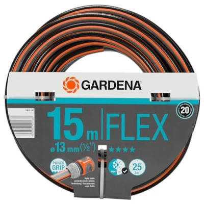 Imagen de Gardena Manguera Comfort Flex de 13 mm, 1/2 pulgadas, jardín flexible, Hecha malla espiral calidad, Presión 25 bar, Color Gris y Naranja, 15 m