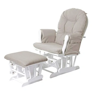 Imagen de Mendler Sillón de relax HWC C76, mecedora con taburete, tela/tela, crema, estructura blanca