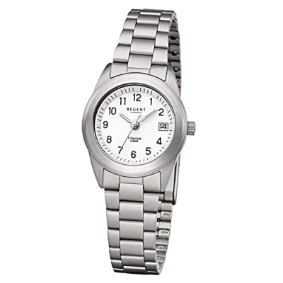 Imagen de REGENT Reloj de mujer con correa titanio, carcasa titanio y cierre desplegable, pequeño ligero, números arábigos cuarzo, 26 mm diámetro fecha, Blanco, Pulsera