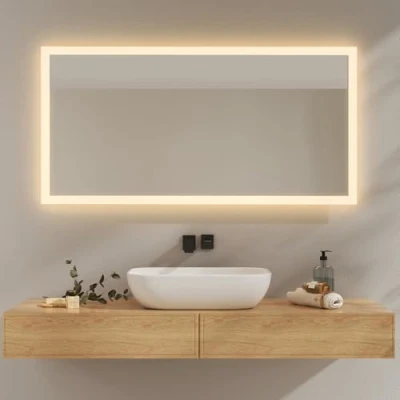 Imagen de EMKE Espejo baño con Luz LED 120x60 cm, de 3000K Blanco cálido, Interruptor Pared, Instalación Vertical/Horizontal, Anti explosión IP44, Ahorro energía,LED