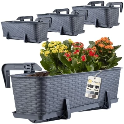 Imagen de KADAX Macetas de Plástico Imitación Ratán, Maceteros Rectangulares con Platillos y Soportes para Exterior, Jardineras Colgantes (4: Grafito, 60 cm)