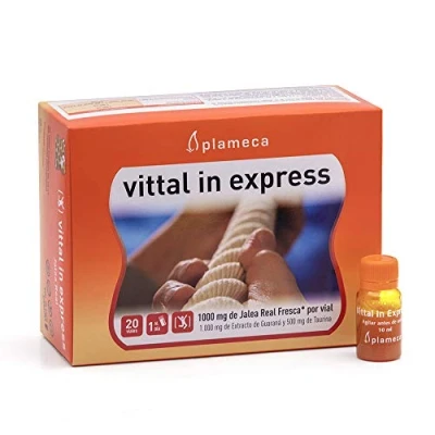 Imagen de PLAMECA Vittal In Express, con Jalea Real Fresca, Guaraná y Taurina, para el Rendimiento Mental e Intelectual, Vitalidad Energía, Ayuda a la Regeneración Celular 20 Viales Bebibles de 10 ml
