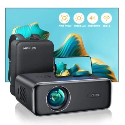 Imagen de 【Auto Focus/Keystone】 Proyector 4K WiFi Bluetooth 28000 Lúmenes Full HD 1080P, WiMiUS Soporte Zoom 50% Portátil WiFi6 Cine en Casa/Exterior para Teléfono/TV Stick/PS5 HDMI USB