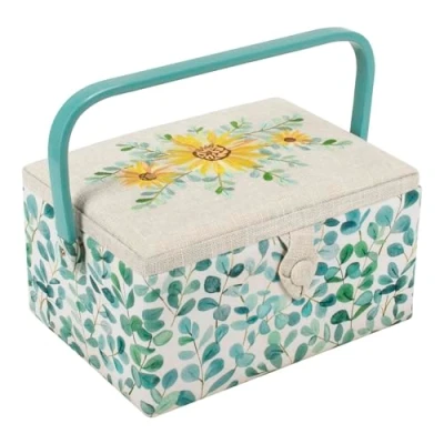 Imagen de Hobby Gift Costurero mediano exclusivo, caja de almacenamiento para manualidades, bandeja accesorios, alfiletero, mango PVC, 18,5 x 25,5 14,5 cm, Eucalipto bordado