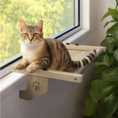 Imagen de Navaris Cama Colgante para Gatos Hamaca Gato Ventana de Madera Instalación sin Herramientas Estante MAX. 14 kg 55 x 38 17 cm