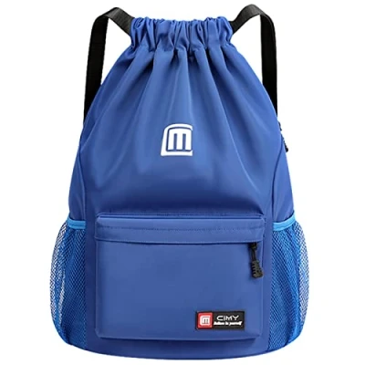 Imagen de Eucomir Mochilas De Cuerdas, Mochila Deporte Gym Malla Agua, Bolsa Cordón Impermeable Nylon Gimnasio Con Cremallera Exterior Para Deportes Vacaciones,Azul