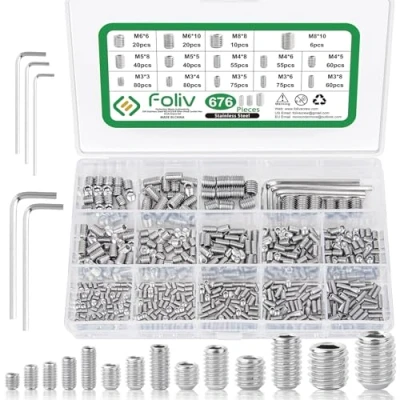 Imagen de Foliv Juego de 676 tornillos prisioneros acero inoxidable M3, M4, M5, M6, M8, prisioneros, hexágono interior, DIN 913, cabeza hexagonal con llave para tirador puerta, pomo