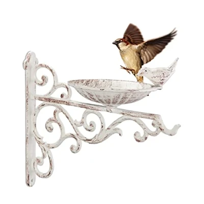 Imagen de Relaxdays Bird Bath Bebedero Pájaros de Hierro Fundido, Montaje Pared, Vintage, Comedero Aves Silvestres, 24 x 28 14 cm, Blanco