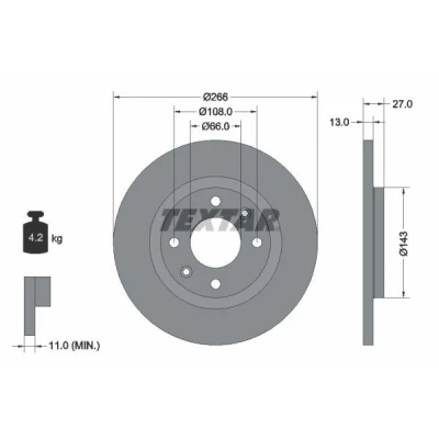Imagen de TEXTAR PRO 92089103 Disco de freno 266 13 04/06 108 macizo revestido sin perno sujeción rueda, buje rueda CITROËN: C3 I Hatchback