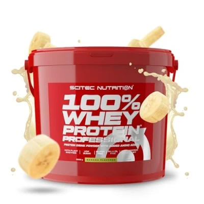 Imagen de Scitec Nutrition 100% Whey Protein Professional Mejorada con Aminoácidos Extra y Enzimas Digestivas Sin gluten aceite de palma, 5 kg, Plátano