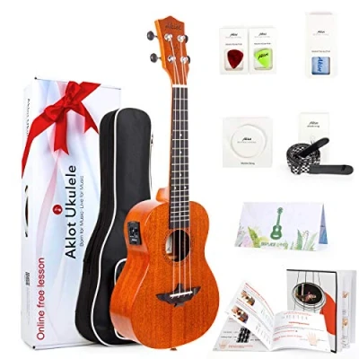 Imagen de Aklot Concierto Eléctrico Ukelele Caoba Maciza de 23 Pulgadas Ukulele con Curso Gratuito Online,Sintonizador incorporado, kits inicio