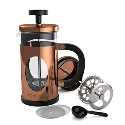 Imagen de bonVIVO GAZETARO I Cafetera Francesa, 350ml French Press de Vidrio y Acero Inoxidable Prensa Francesa Émbolo Manual sin Filtros para Café, Cebada Infusiones