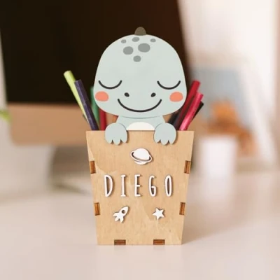 Imagen de WONDEE Portalápices de madera personalizado con nombre, organizador escritorio dinosaurios para niños, regalos cumpleaños escolares accesorios niños y niñas