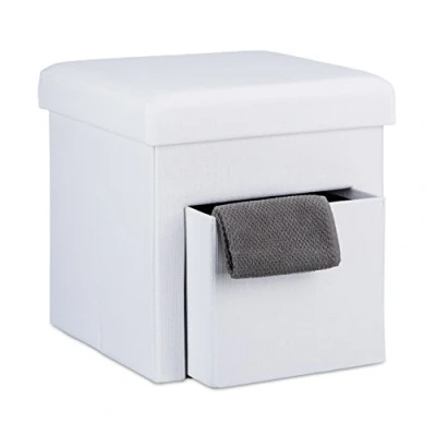Imagen de Relaxdays Taburete Almacenaje, Puff Asiento Almacenamiento, Reposapiés, con Tapa y Cajón, Lino, 1 Ud, 38 x cm, Negro, Poliéster