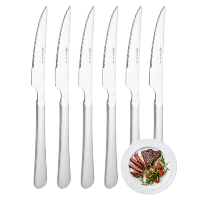 Imagen de YS FAMILY Pack 6 Cuchillo de Carne Acero Inoxidable Diseño Liso, Elegancia y Funcionalidad para Cada Ocasión, Cubiertos Alta Gama Hogar Restaurante, 21.5x2CM