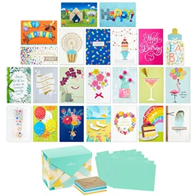 Imagen de Hallmark Paquete de 24 tarjetas felicitación hechas a mano, en caja surtida, acuarela, cumpleaños, baby showwewee, boda, condolencias, pensando ti, agradecimiento