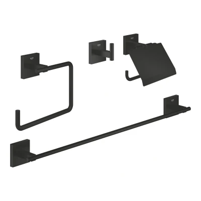 Imagen de GROHE Start Cube Quickfix Conjunto de accesorios baño 4 en 1 (Colgador, argolla, portarollos y toallero) , Negro Mate 411152430
