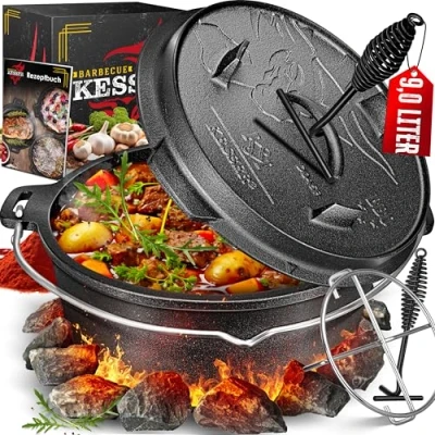 Imagen de KESSER® Juego de horno holandés para barbacoa, 12 litros, olla hoguera con posavasos acero inoxidable, hierro fundido elevador tapa, asa y ranura termómetro