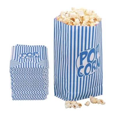 Imagen de Relaxdays Bolsas de Palomitas, Set 144, a Rayas, Retro, Cine, Noches Peli, Papel, Bolsitas Snacks, Azul/Blanco, 26 x 13 8 cm