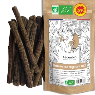 Imagen de Ascenbio Especia Bastones de regaliz orgánico 100 g preparado y envasado en Francia embalaje biodegradable