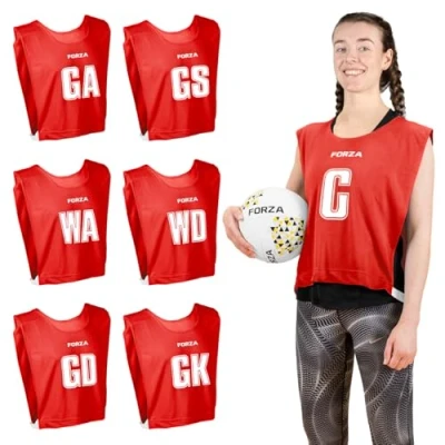 Imagen de FORZA Pro Chalecos de netball [paquete 7] Paquete completo con baberos para posición jugador netball, disponible en 7 colores, ideal escuelas y clubes (Rojo, Pequeño)