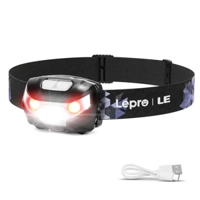 Imagen de LE Linterna Frontal LED USB Recargable, Cabeza 5 Modos de Luz (Blanco y Rojo), Impermeable IPX4, Recargable para Pesca, Ciclismo, Running, Correr, Deporte Nocturno