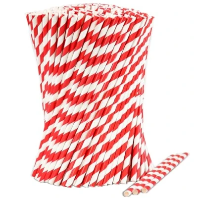 Imagen de [1000 unidades] Pajitas de papel desechables, a rayas, color rojo y blanco, 100% biodegradables, 19,7 cm x 0,6