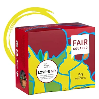 Imagen de FAIR SQUARED 50 unidades de Condones Love*r Mix Sweet + Ultimate Thin Intense 53 mm veganos caucho FSC justo respetuoso con el clima LGBTQ sensiblemente delicados