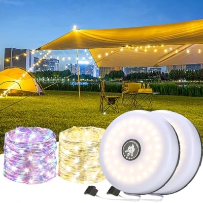 Imagen de Cadena de Luces para Camping, Paquete dos 10M Guirnalda Camping LED 8 Modos Lámpara Recargable USB Guirnaldas Luminosas Enrollable Impermeable Acampar Patio Tiend