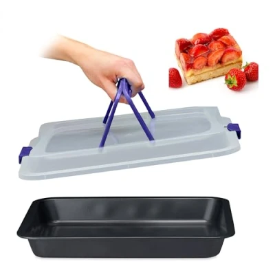 Imagen de Relaxdays Bandeja de Horno con Tapa, Portatartas 3 en 1, 40,5x32,5cm, Molde Hornear, Cubierta Transporte, Negro/Azul, Acero