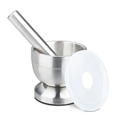 Imagen de Relaxdays Mortero Cocina con Maja, Acero Inoxidable, Tapa, Especias, Base Antideslizante, Diámetro 10 cm, 200 ml, Gris