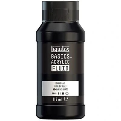 Imagen de Liquitex Basics Fluid Pintura acrílica de consistencia fluida, secado rápido, resistente a la luz, impermeable, acabado satinado permanente, bote 118 ml, negro marte