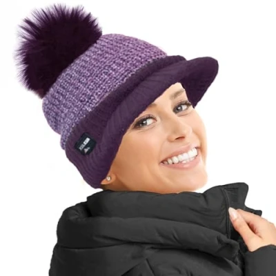 Imagen de Rockjock Ladies Warm Fleece Forrado Gorro de Punto Beanie Gorra béisbol con pompón Desmontable Piel sintética, o sin