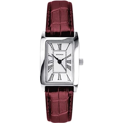 Imagen de Sekonda Reloj clásico de cuarzo para mujer con esfera blanca y correa burdeos 40343