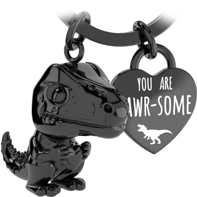 Imagen de LANOLU llavero de dinosaurio Mini Rex, amuleto la suerte, para pareja y mejor amiga, regalo pareja, amigo metal, Negro