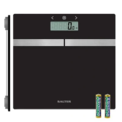 Imagen de Salter 9198AR SV3R Báscula analizadora de vidrio, baño, memoria 8 usuarios, mide peso, IMC, grasa y agua corporal, pantalla LCD fácil leer, vidrio templado ultrafina, pilas incluidas, negra