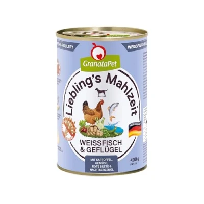 Imagen de GranataPet Comida Favorita para Pescado Blanco y Aves de Corral, húmeda Perros, Perros sin Cereales azúcares, pienso Completo, 6 x 400 g
