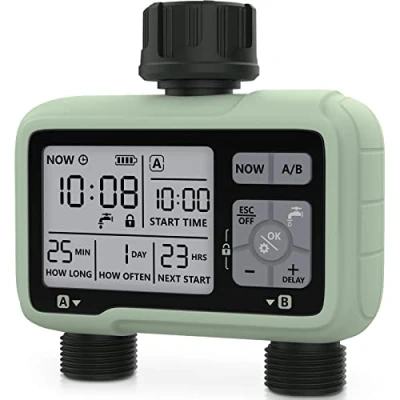 Imagen de Kazeila 2 Outlet Temporizador de Riego Automático Programador Digital para Mangueras Controlador Agua Programable IPX5 Impermeable Modos Automático/Manual Jardín y Césped
